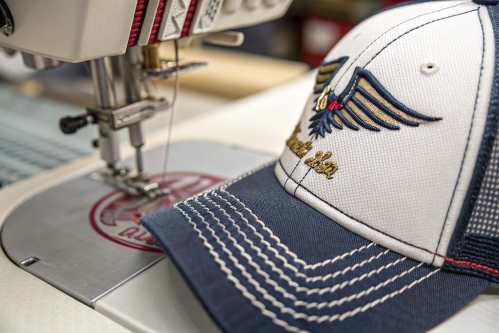 Workers inspecting white baseball caps on a conveyor belt in a factory