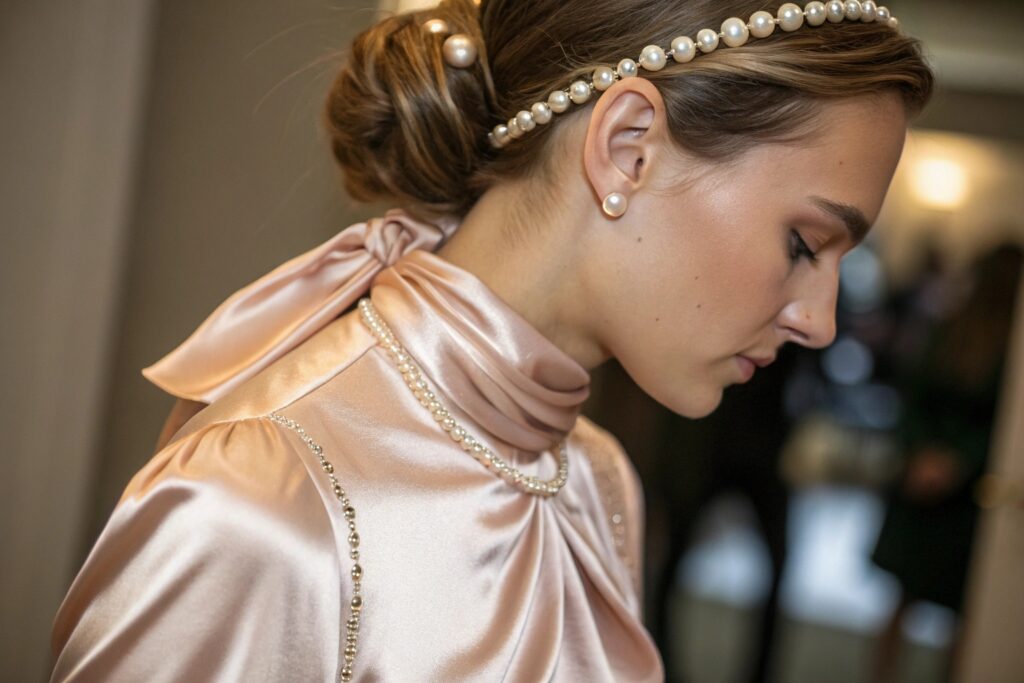 A woman wearing a pearl headband and necklace