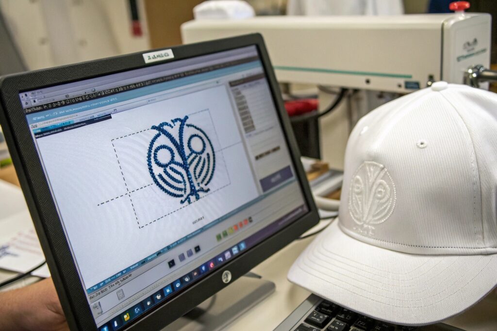 A computer screen displaying a hat design next to a white baseball cap.