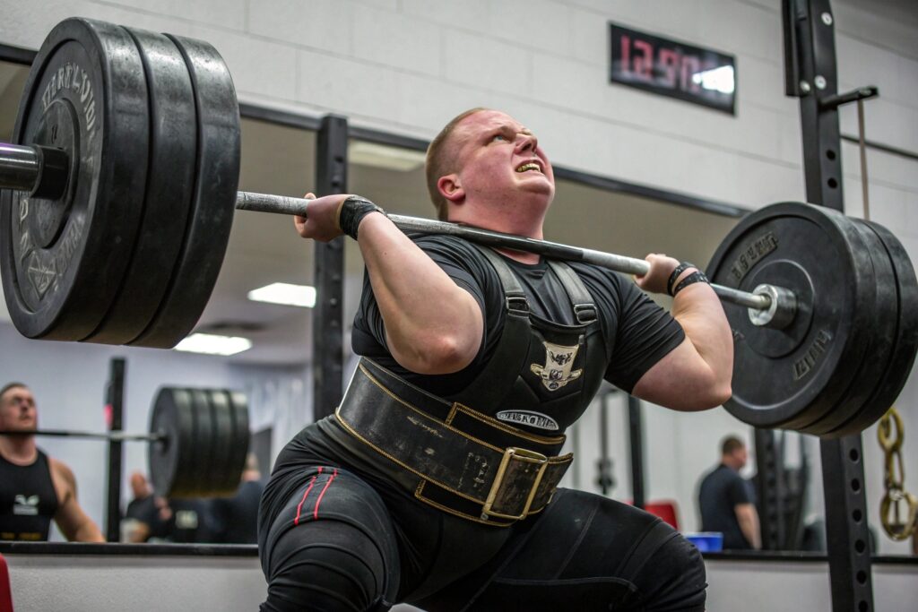 A wide black leather weightlifting belt with white stitching and a silver buckle