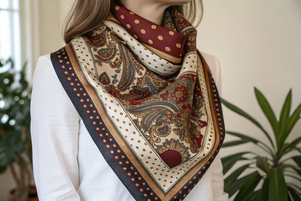 A person wearing a small, light-colored patterned scarf tied around their neck