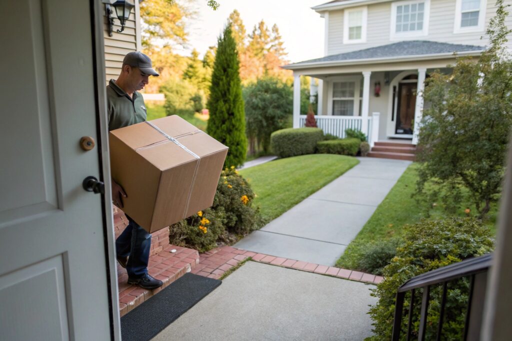 A delivery man carrying a box to a house
