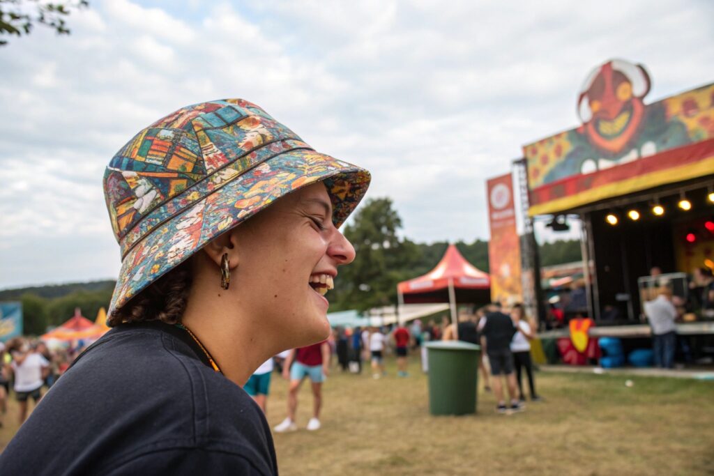 A person wearing a colorful bucket hat at an outdoor event