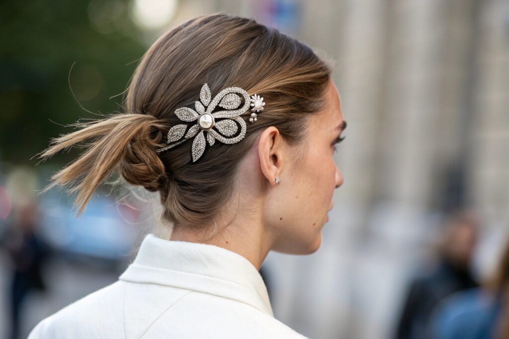 A woman with a jeweled hair clip