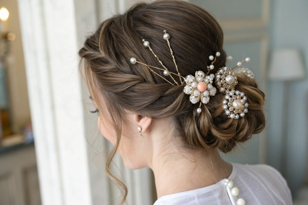 A woman with a braided updo and pearl hair accessories