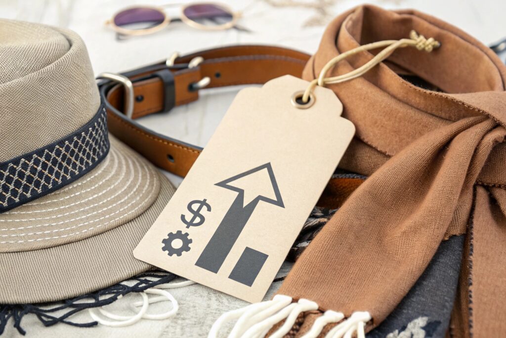 A price tag with a dollar sign and an arrow pointing upwards, lying on top of a pile of men's accessories