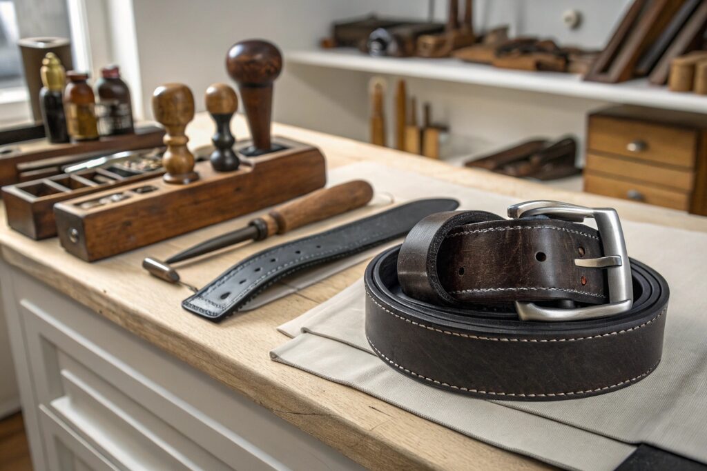 A light brown leather belt with embossed floral patterns and a silver buckle