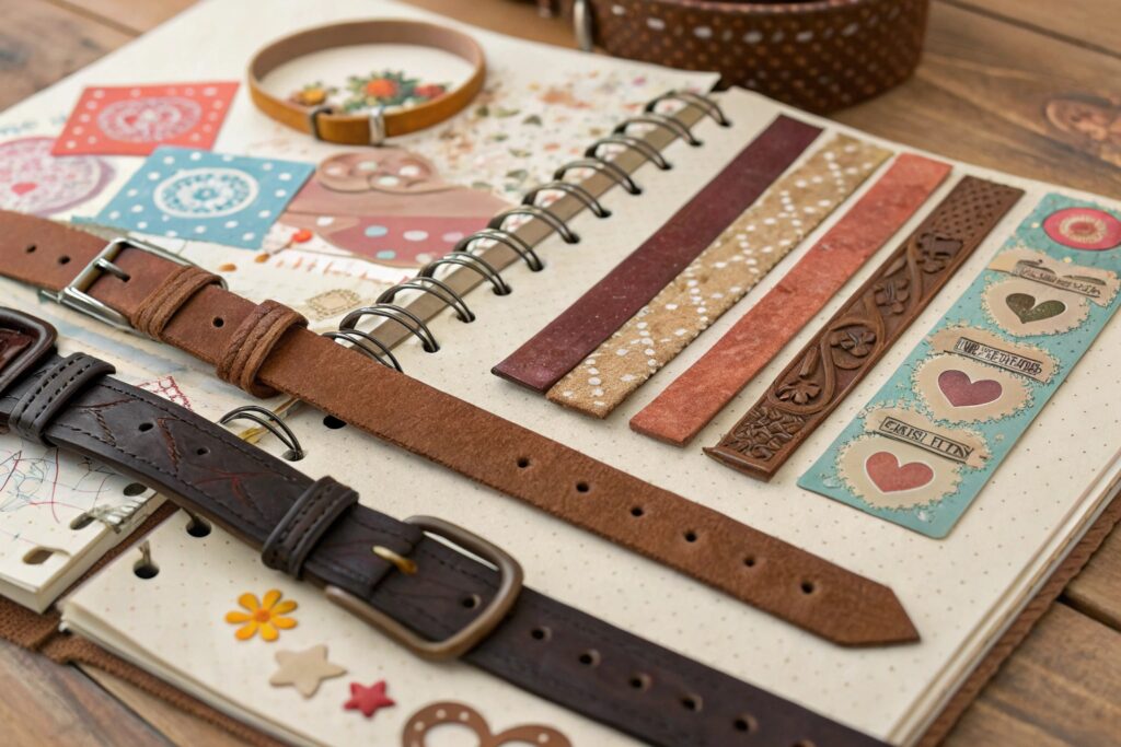 A brown leather luggage tag with the words "USED LEATHER BELT" and a brass buckle, resting on a worn leather suitcase