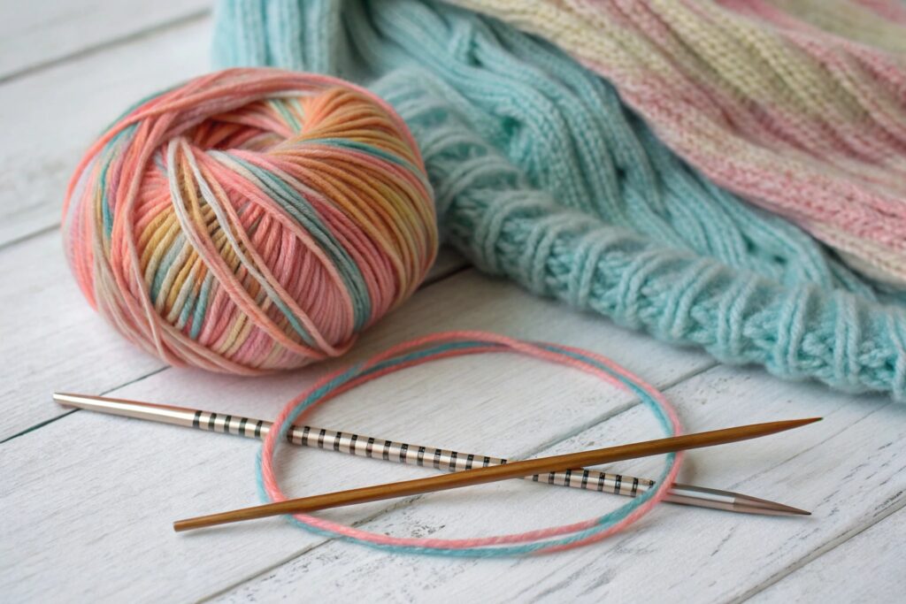 A ball of yarn and knitting needles on a table with a knitted hat in the background