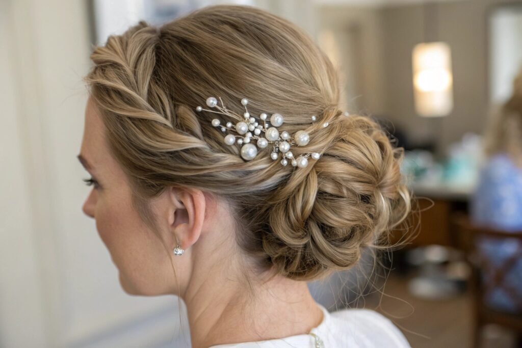 A woman with a braided hairstyle and a pearl hair accessory