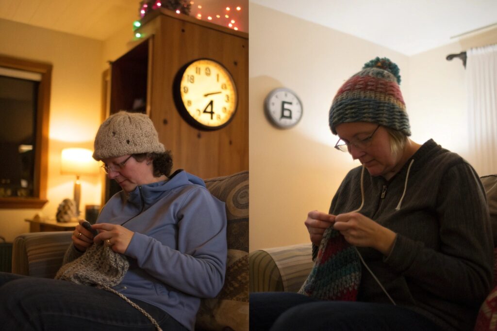 A woman knitting a hat in her living room