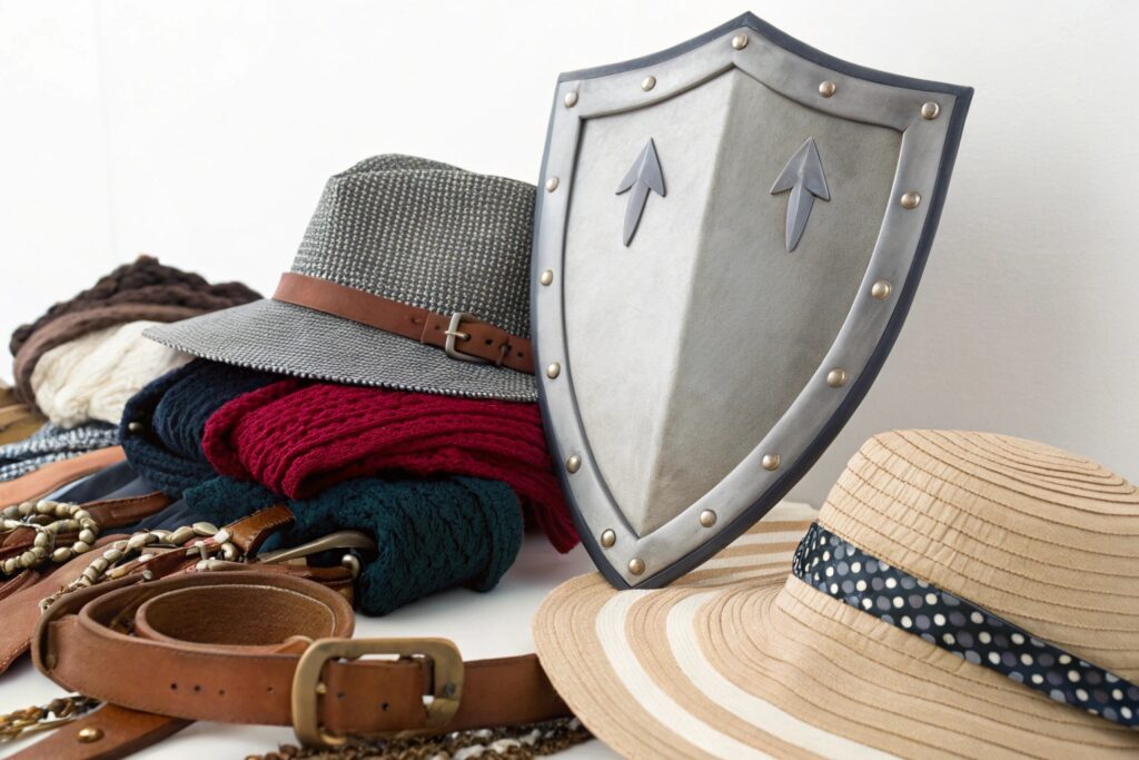 A pile of men's accessories on a white surface, including a gray fedora hat, a brown leather belt, a beige scarf, and a silver shield