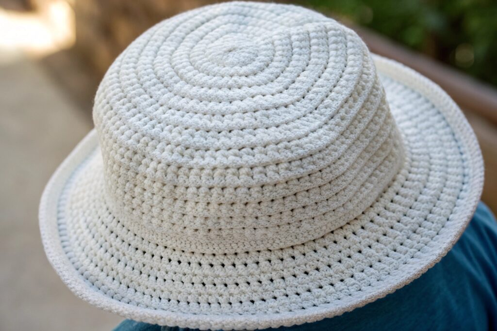 A white crochet bucket hat on a person's head
