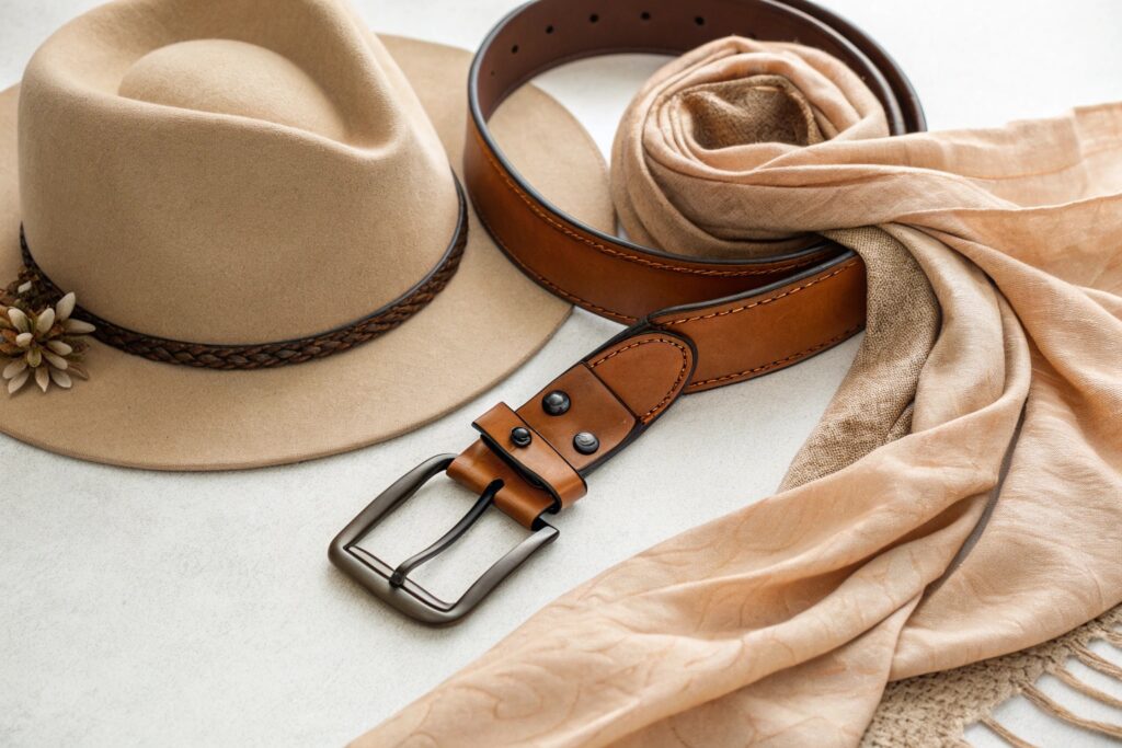 A tan fedora hat, a brown leather belt, and a light pink scarf on a white surface