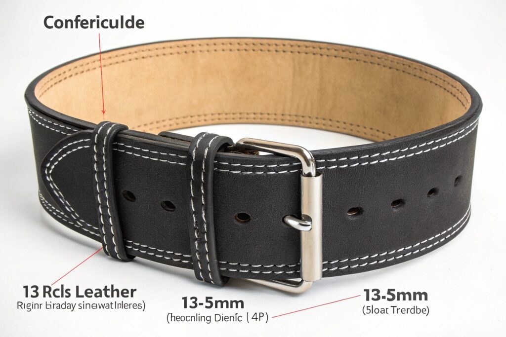 A wide black weightlifting belt with white stitching and a silver buckle, viewed from the inside