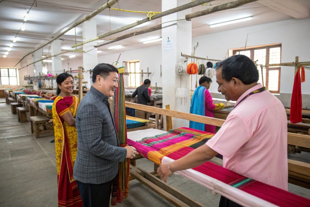 Two men working on handlooms in a workshop