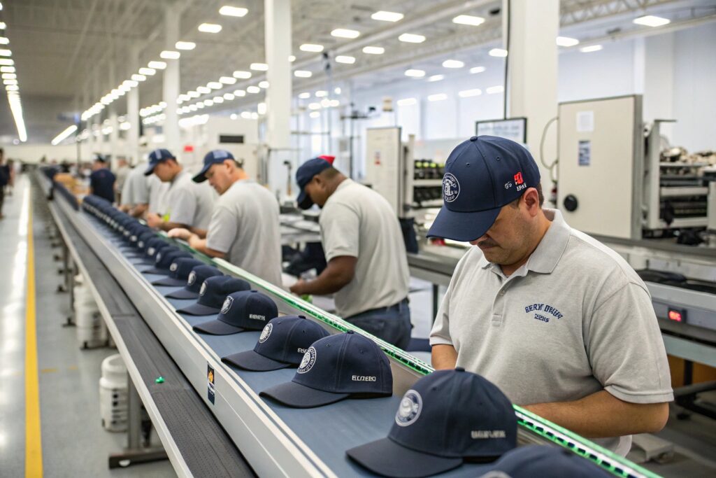 A row of baseball caps in different colors and styles