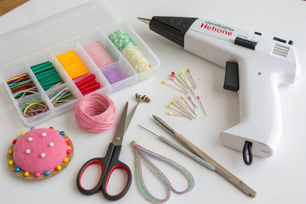 A collection of craft supplies on a white table