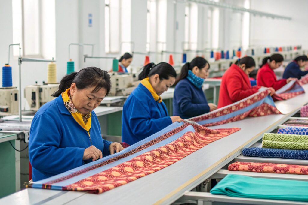 Workers operating machinery with spools of thread in a large factory