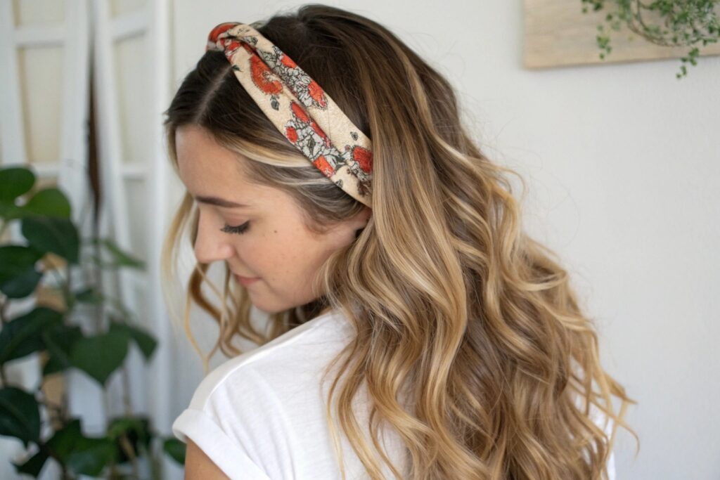 A person with long, wavy blonde hair wearing a knotted headband with a light beige background and red and green floral patterns