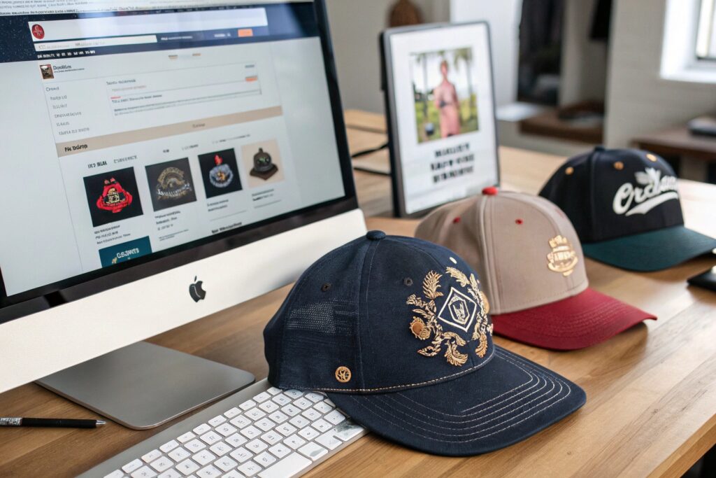 Three baseball caps with embroidered designs on a wooden desk next to a computer displaying an online shop for patches and emblems