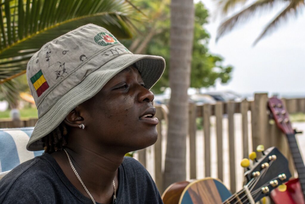 A person with dark skin and dreadlocks wearing a patterned bucket hat with a Jamaican flag patch, looking upwards outdoors with a guitar nearby