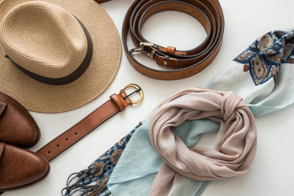 A flat lay of men's accessories on a white surface