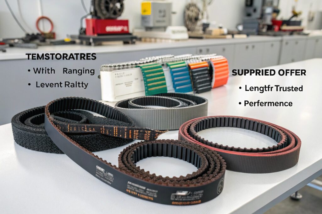 Close-up of multiple industrial belts, with a focus on their customization options and the trustworthiness of suppliers providing varying lengths and performance standards.