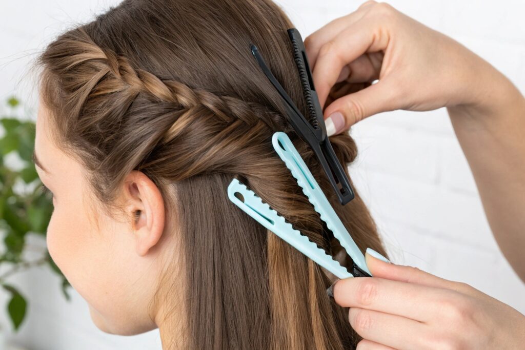 A woman getting her hair styled
