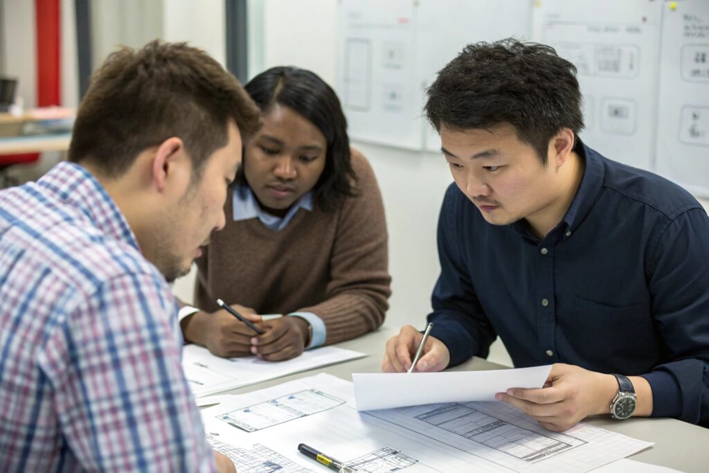 Three individuals, two appearing to be East Asian men and one appearing to be a Black woman, working collaboratively on documents at a table