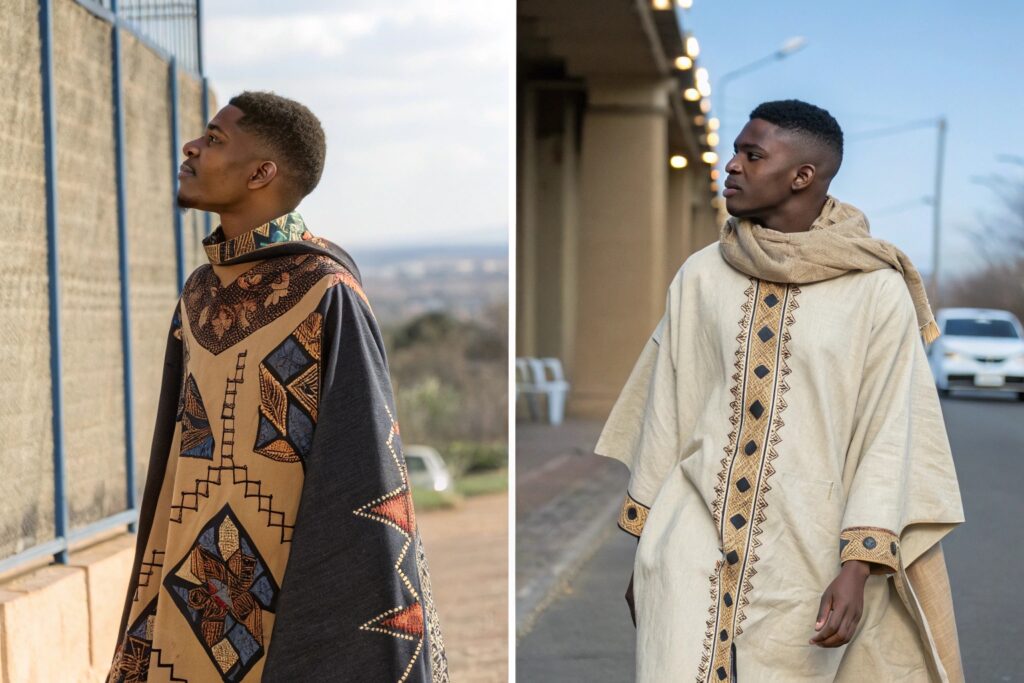 Two images side-by-side: on the left, a person with short dark hair wearing a patterned hooded garment looking upwards outdoors; on the right, a person with short dark hair wearing a light-colored patterned robe and a light brown scarf looking to the left on a street