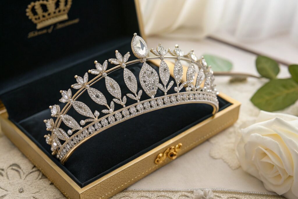 A silver and clear crystal tiara in a gold and black velvet box, next to a white rose