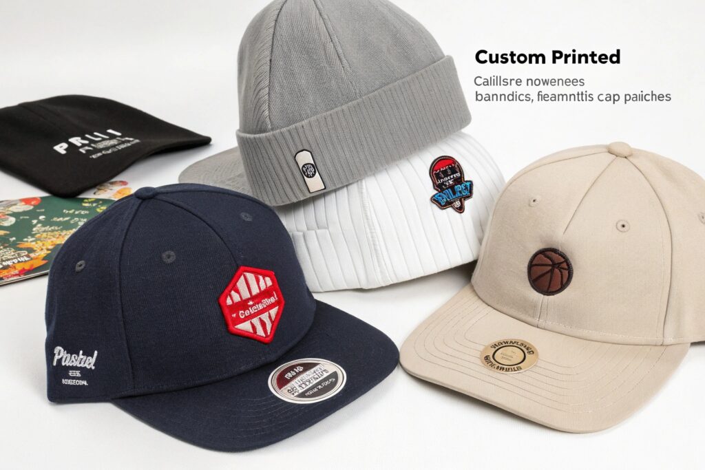 A collection of custom printed headwear including baseball caps and beanies with various designs and logos
