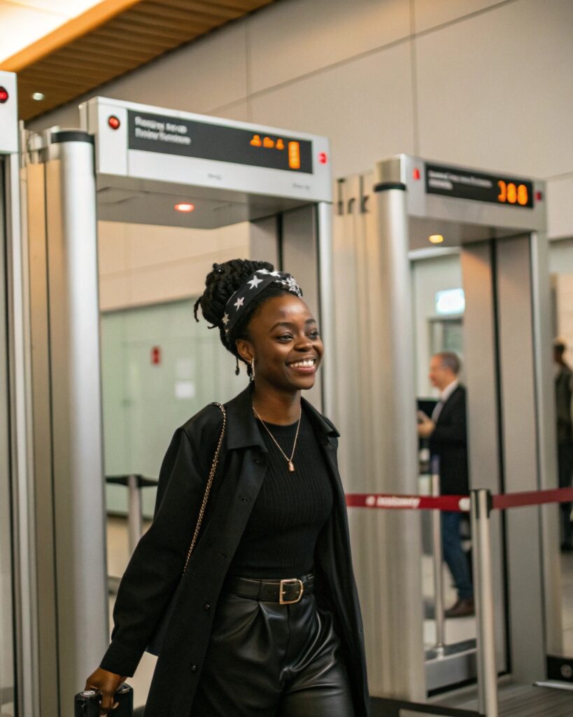 A stylish Black female traveler confidently walks through an airport security checkpoint with a beaming smile. She wears a chic all-black outfit featuring a ribbed top, belted faux leather pants, and a lightweight overcoat. A patterned headband and a delicate pendant necklace add personal flair. She pulls a compact suitcase with ease, embodying the image of a successful, fashionable professional buyer arriving for a sourcing trip.