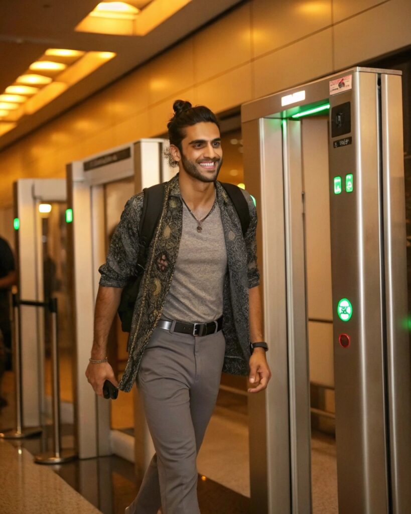 A stylish South Asian male traveler walks confidently through an airport security gate. He sports a casual yet fashionable look with a grey fitted V-neck T-shirt, patterned open button-down shirt, tailored grey trousers, and a sleek leather belt. A backpack and a smart watch complement his practical yet modern outfit, and his hair is tied in a tidy bun. The warmly lit terminal adds to the upscale yet relaxed vibe, perfect for sourcing trips or business travel.
