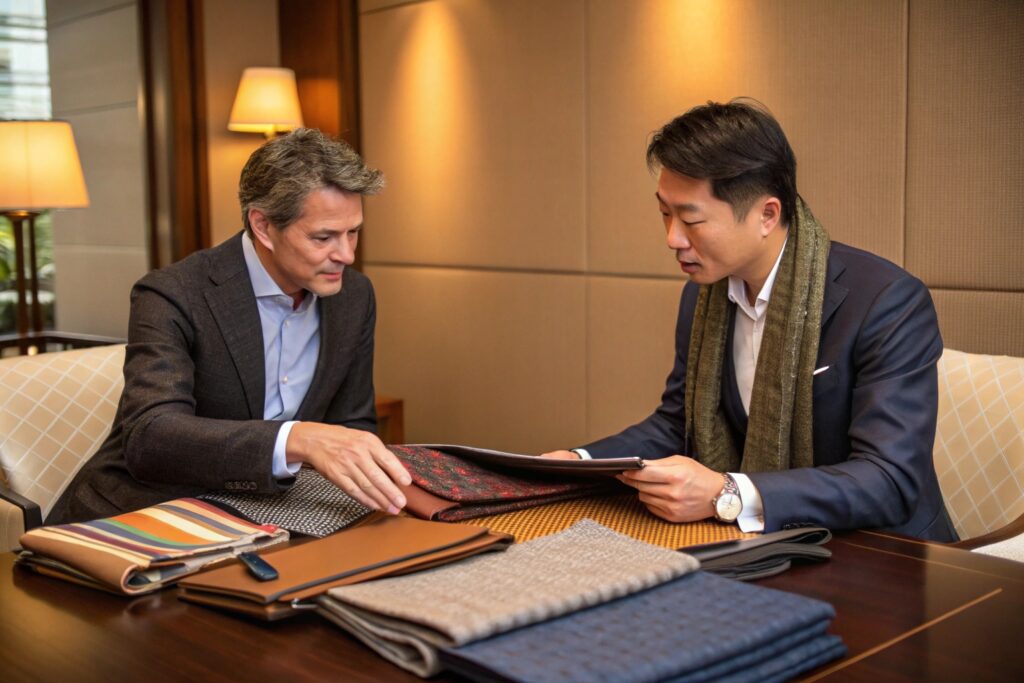 An intense business discussion unfolds between two buyers—one East Asian and one European—at a luxury hotel meeting room. They are seated at a polished wood table, examining high-end textile samples, including patterned and textured fabrics. The setting exudes professionalism and precision, with warm lighting and an upscale ambiance.