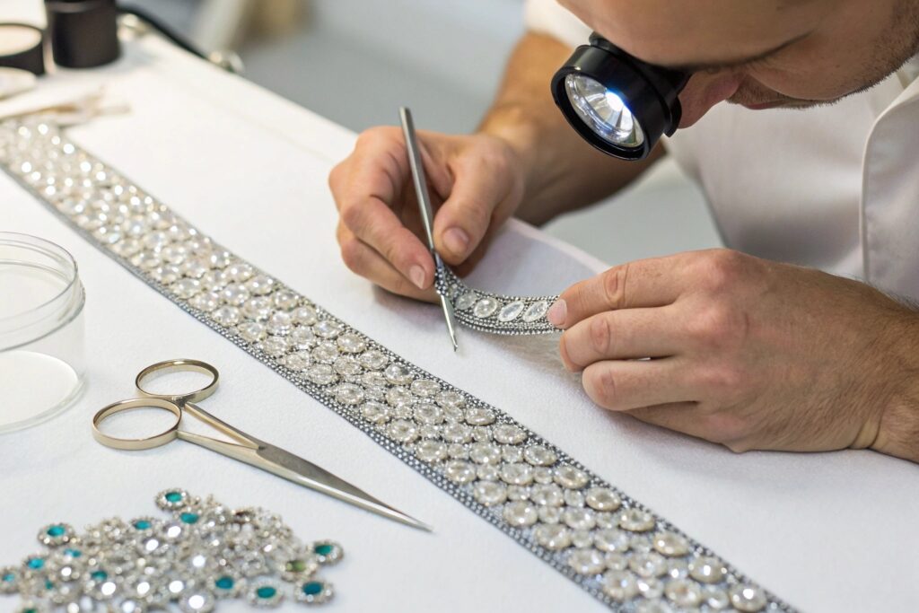 Licensed Jeweler Hand-Setting Crystals in Rhinestone Belt