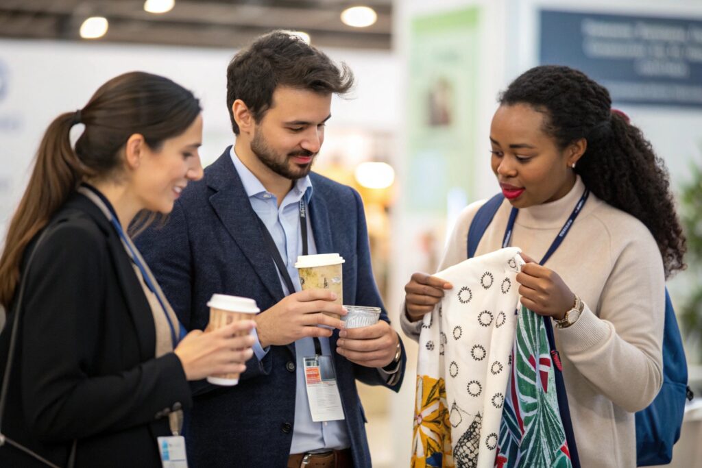 Three international buyers—Middle Eastern, European, and African—engage in a casual discussion at a textile trade show. They are enjoying coffee while one of them showcases a colorful printed fabric. The setting is bright and welcoming, with booths and product displays in the background.