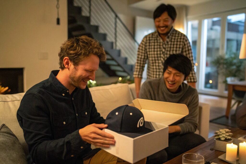 Three men, one appearing to be White with curly brown hair opening a box containing a baseball cap, and two appearing to be East Asian, smiling and looking at the cap
