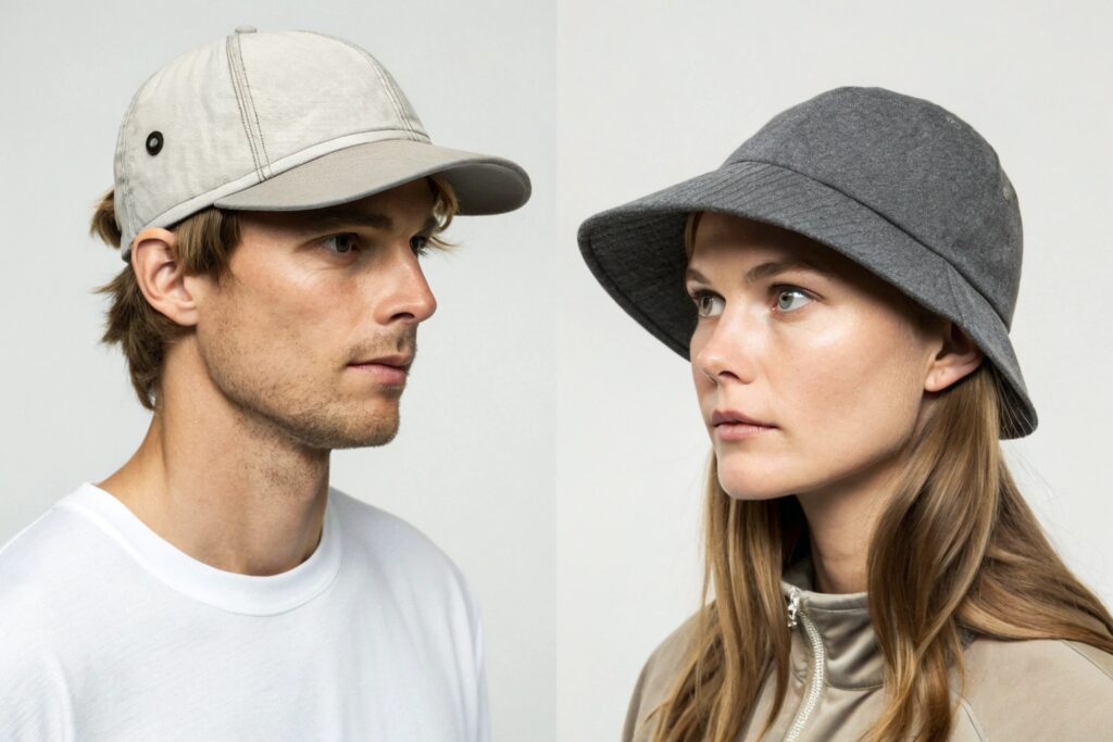 Side-by-side portrait of a European male and female model wearing minimalist hats — the man in a light gray baseball cap and the woman in a charcoal bucket hat, both styled in a clean studio backdrop