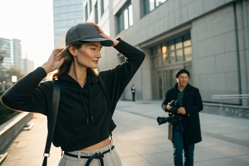A person with long brown hair wearing a gray baseball cap and a black hoodie adjusting their hair while another person with short black hair wearing a black beanie and a dark coat holds a camera in the background on a city street