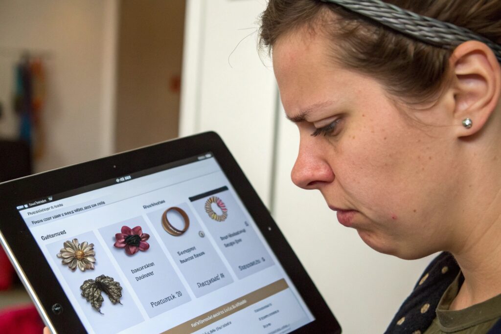 A person who appears to be a White woman with brown hair wearing a gray twisted headband looking intently at a tablet displaying images of hair accessories