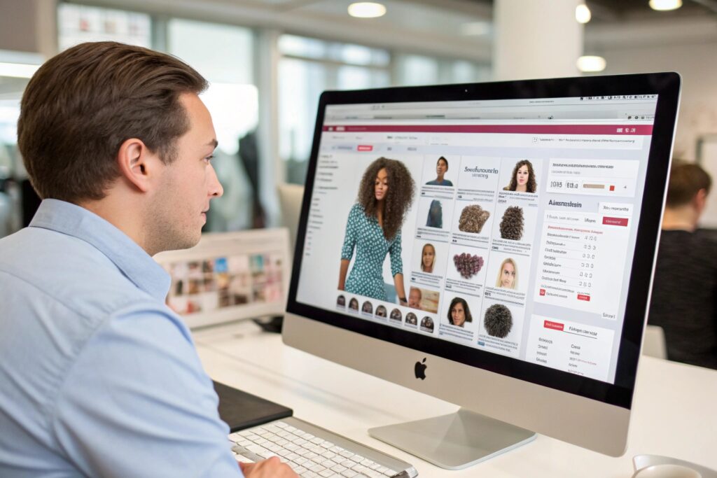 A person who appears to be a White man with short brown hair looking at a computer screen displaying an online wig shop