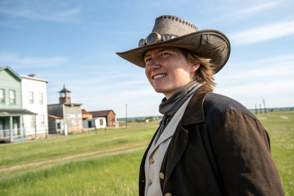 A person wearing a steampunk-style cowboy hat with goggles, a vest, and a long coat, standing in a grassy field with old buildings in the background