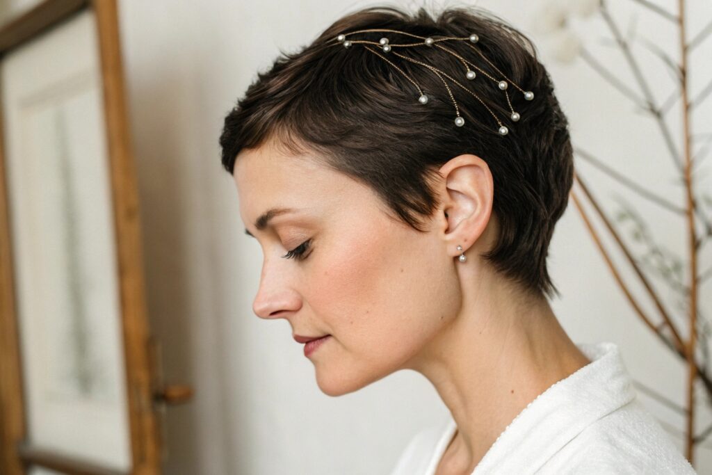 A woman with short brown hair and a decorative hair vine