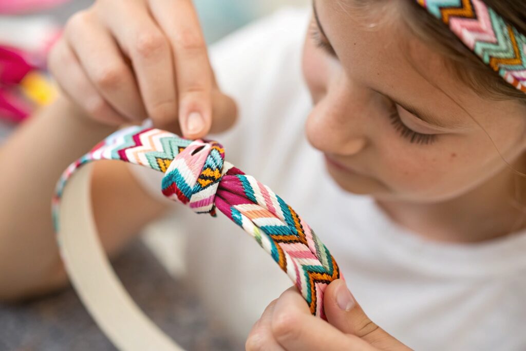 A person making a colorful woven headband