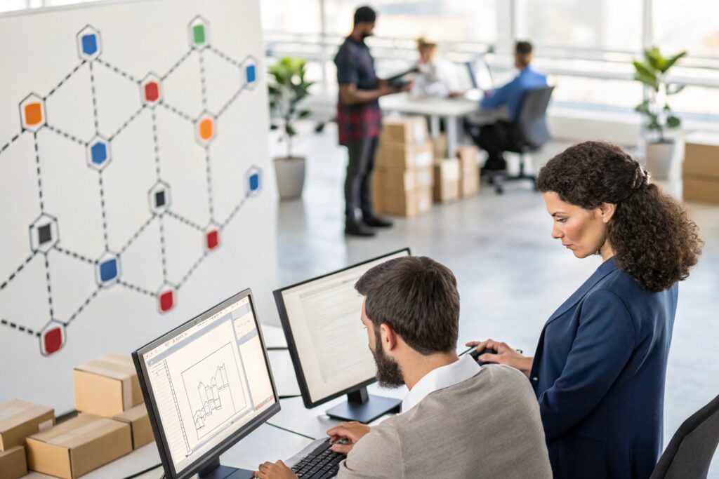 Two people working on computers in an office