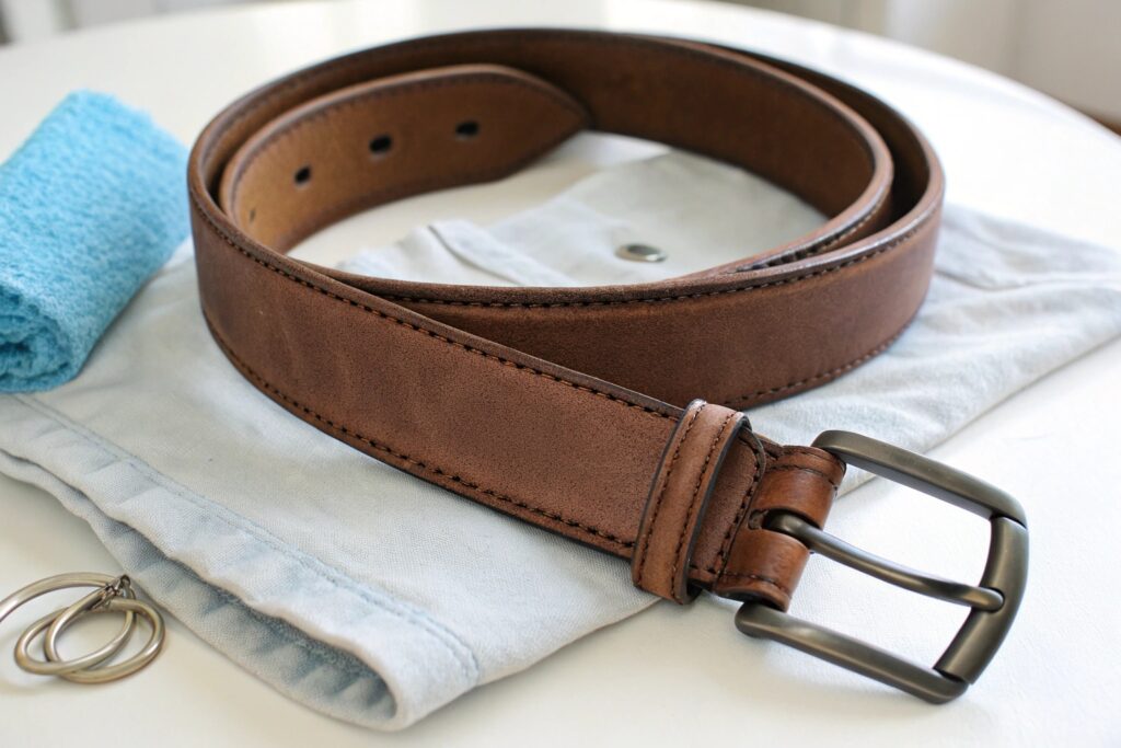 A dark brown leather belt with a large, silver-toned buckle featuring a 'G' logo surrounded by rhinestones
