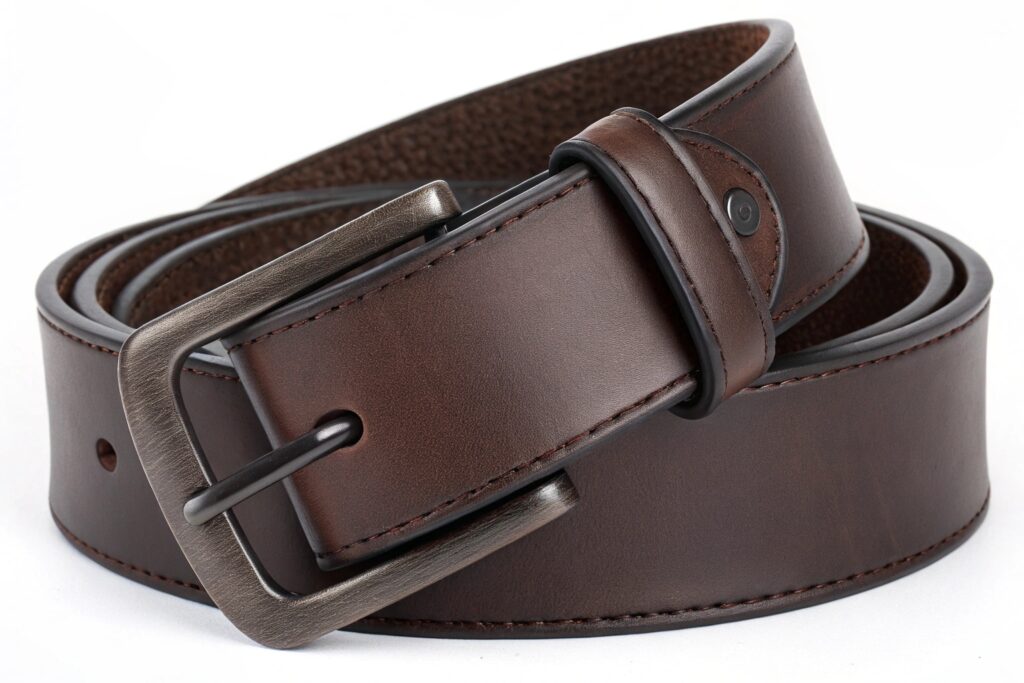 A light beige leather belt with a silver buckle