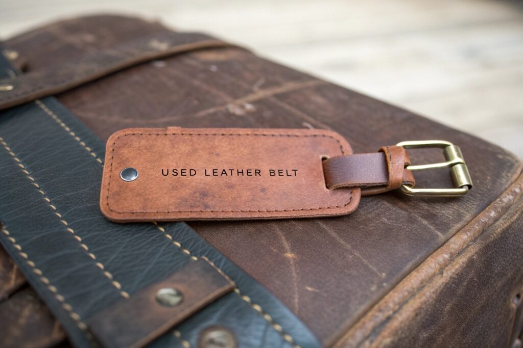 A vintage camera with a brown leather strap on a wooden table